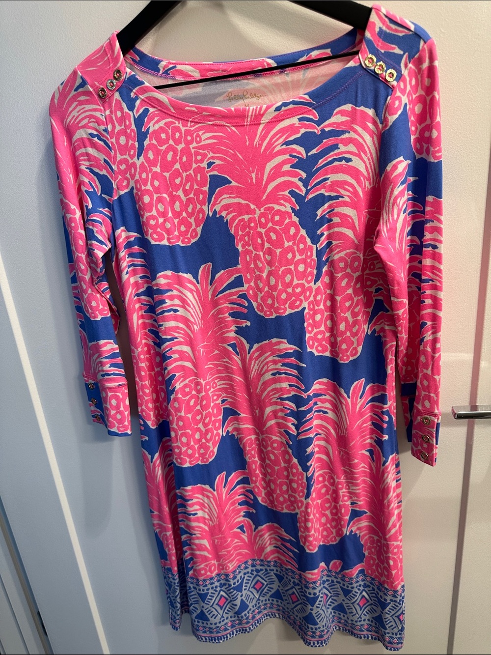 Lilly Pulitzer Pink and Blue Pineapple-Print Long Sleeve Shift Dress
